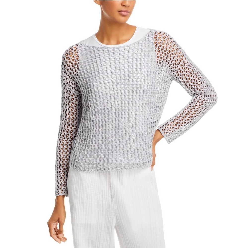 Eileen Fisher‎ Bateau Neck Organic Cotton Twisted Cord Weave Sweater Nimbus XL